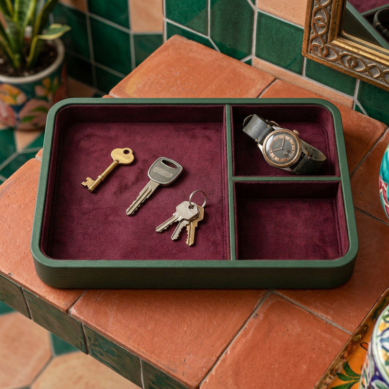 Burgundy & Forest Green Divided Valet Tray