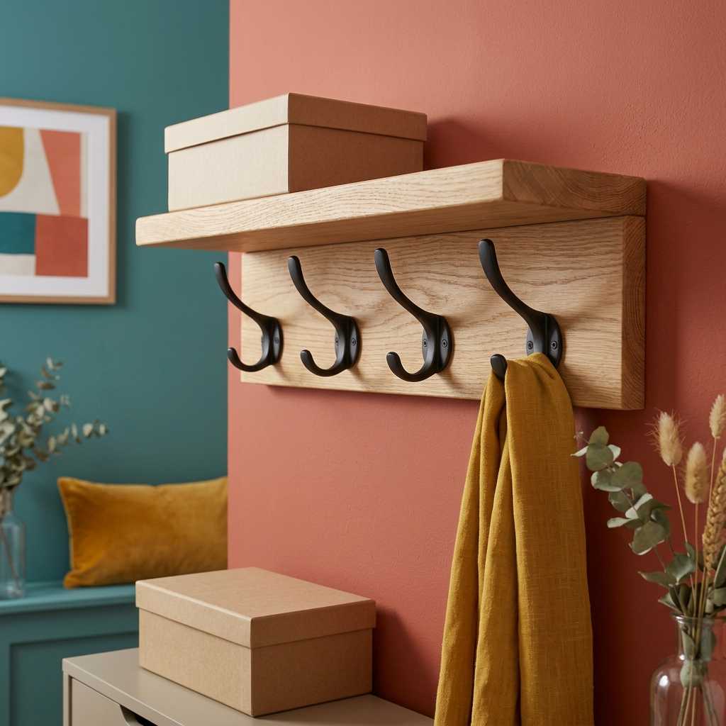 Entryway Wall Shelf with Four Hooks