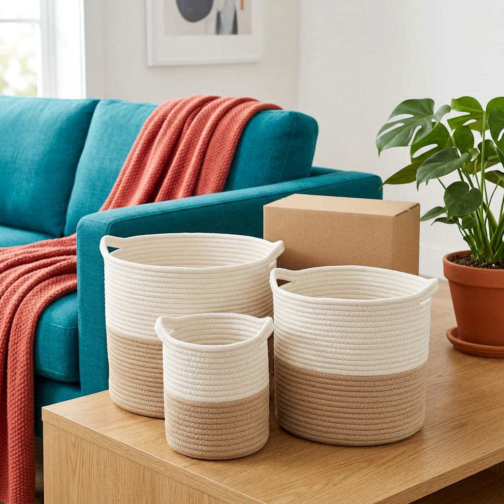 Woven Cotton Rope Storage Basket Set — styled home view