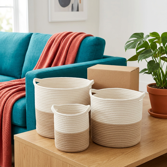 Woven Cotton Rope Storage Basket Set — styled home view
