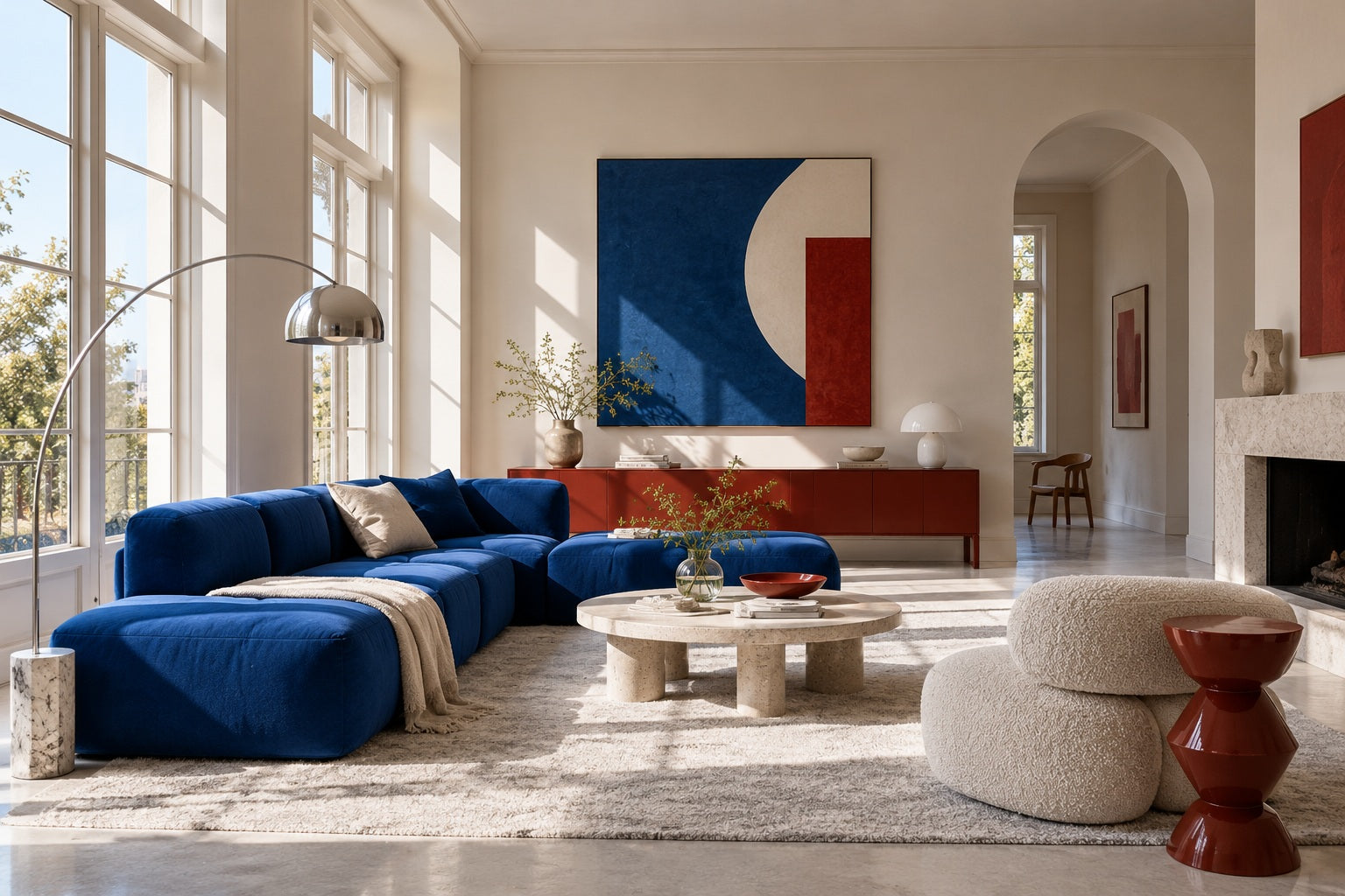 Modern living room with a cobalt sofa and sculptural red accents